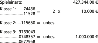 Spieleinsatz 427.344,00 € Klasse 1: 74436 11528 = 2 x 10.000 € Klasse 2: 115650 = unbes. Klasse 3: 3763043 0748357 = ...