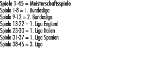 Spiele 1 45 = Meisterschaftsspiele Spiele 1 8 = 1. Bundesliga Spiele 9 12 = 2. Bundesliga Spiele 13 22 = 1. Liga Engl...