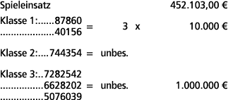 Spieleinsatz 452.103,00 € Klasse 1: 87860 40156 = 3 x 10.000 € Klasse 2: 744354 = unbes. Klasse 3: 7282542 6628202 = ...