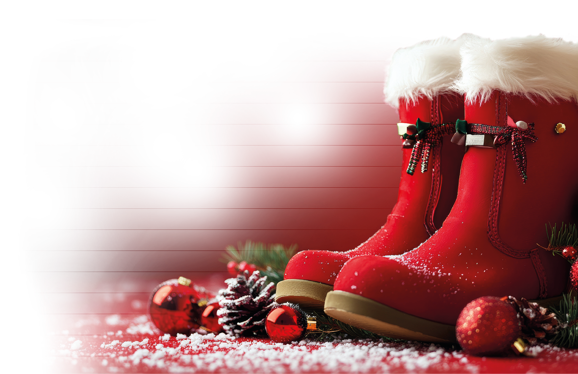 The vibrant red Santa boots, decorated with Christmas accents, stand prominently amidst a festive background of snowflakes and holiday ornaments, capturing the essence of the season.