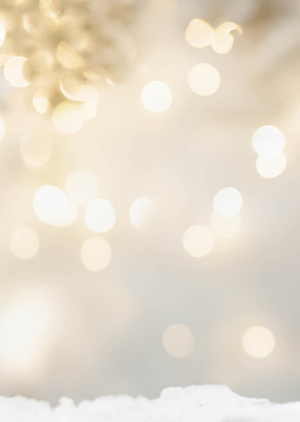 Christmas Holiday background with snow, fir tree and decorations with christmas light behind