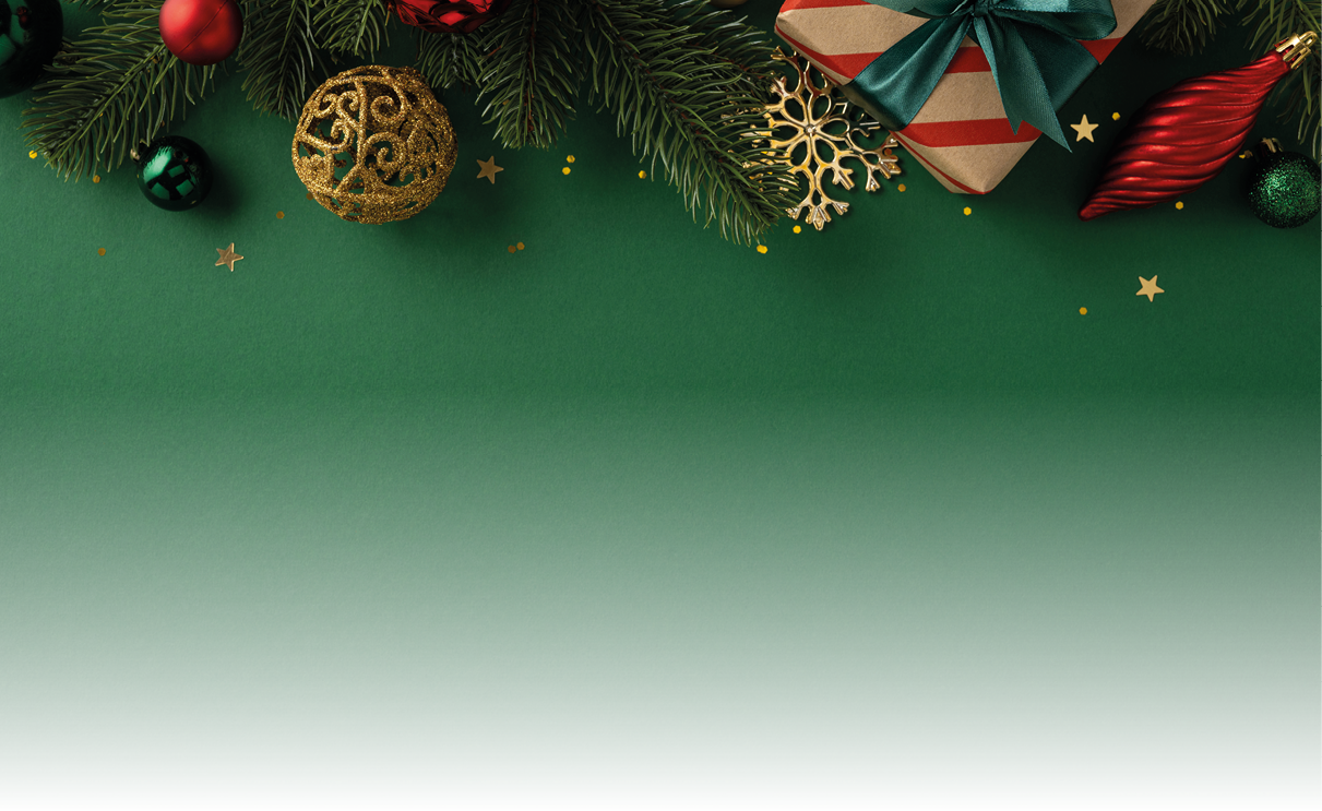 Holiday background featuring Christmas decorations, a wrapped present, and evergreen branches.