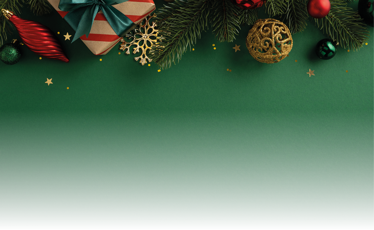 Holiday background featuring Christmas decorations, a wrapped present, and evergreen branches.