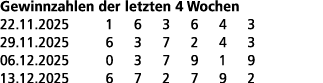 Gewinnzahlen der letzten 4 Wochen 22.11.2025 1 6 3 6 4 3 29.11.2025 6 3 7 2 4 3 06.12.2025 0 3 7 9 1 9 13.12.2025 6 7...
