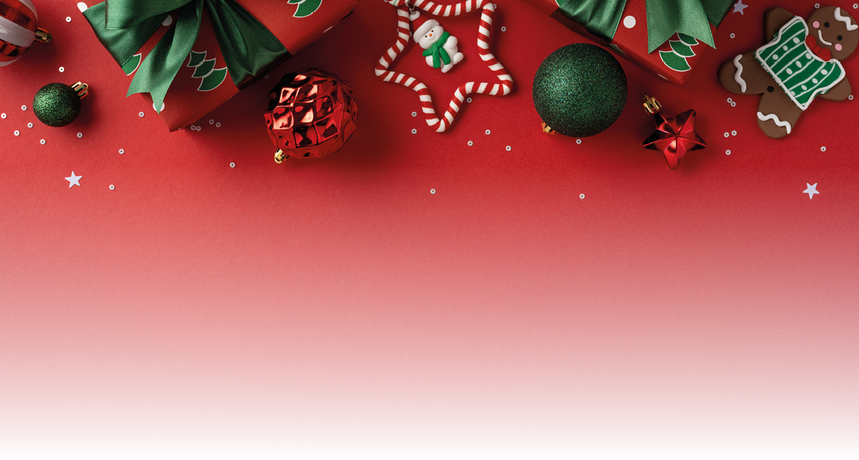 A bright Christmas scene featuring gifts, ornaments, candy cane and gingerbread on a bold red backdrop, creating a joyful holiday mood perfect for seasonal greetings and festive promotion