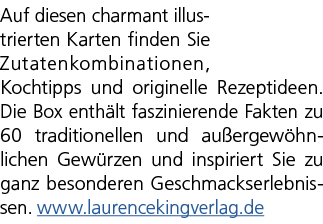 Auf diesen charmant illustrierten Karten finden Sie Zutatenkombinationen, Kochtipps und originelle Rezeptideen. Die B...
