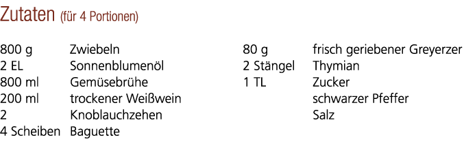 Zutaten (f r 4 Portionen) 800 g Zwiebeln 2 EL Sonnenblumen l 800 ml Gem sebr he 200 ml trockener Wei wein 2 Knoblauch...