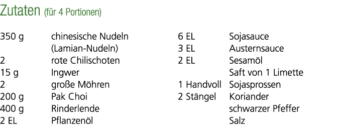 Zutaten (f r 4 Portionen) 350 g chinesische Nudeln (Lamian Nudeln) 2 rote Chilischoten 15 g Ingwer 2 gro e M hren 200...