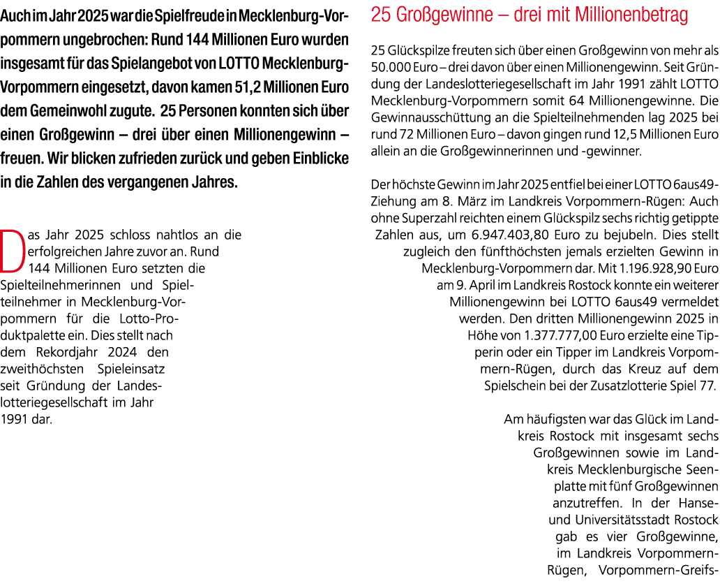 Auch im Jahr 2025 war die Spielfreude in Mecklenburg Vorpommern ungebrochen: Rund 144 Millionen Euro wurden insgesamt...