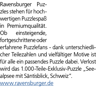 Ravensburger Puzzles stehen f r hochwertigen Puzzlespa in Premiumqualit t. Ob einsteigende, fortgeschrittene oder er...