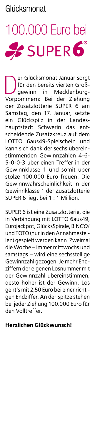 Gl cksmonat 100.000 Euro bei ￼ Der Gl cksmonat Januar sorgt f r den bereits vierten Gro gewinn in Mecklenburg Vorpomm...