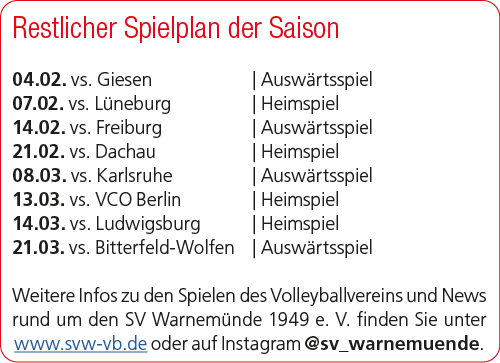 Restlicher Spielplan der Saison 04.02. vs. Giesen | Ausw rtsspiel 07.02. vs. L neburg | Heimspiel 14.02. vs. Freiburg...