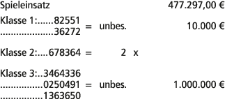 Spieleinsatz 477.297,00 € Klasse 1: 82551 36272 = unbes. 10.000 € Klasse 2: 678364 = 2 x Klasse 3: 3464336 0250491 = ...