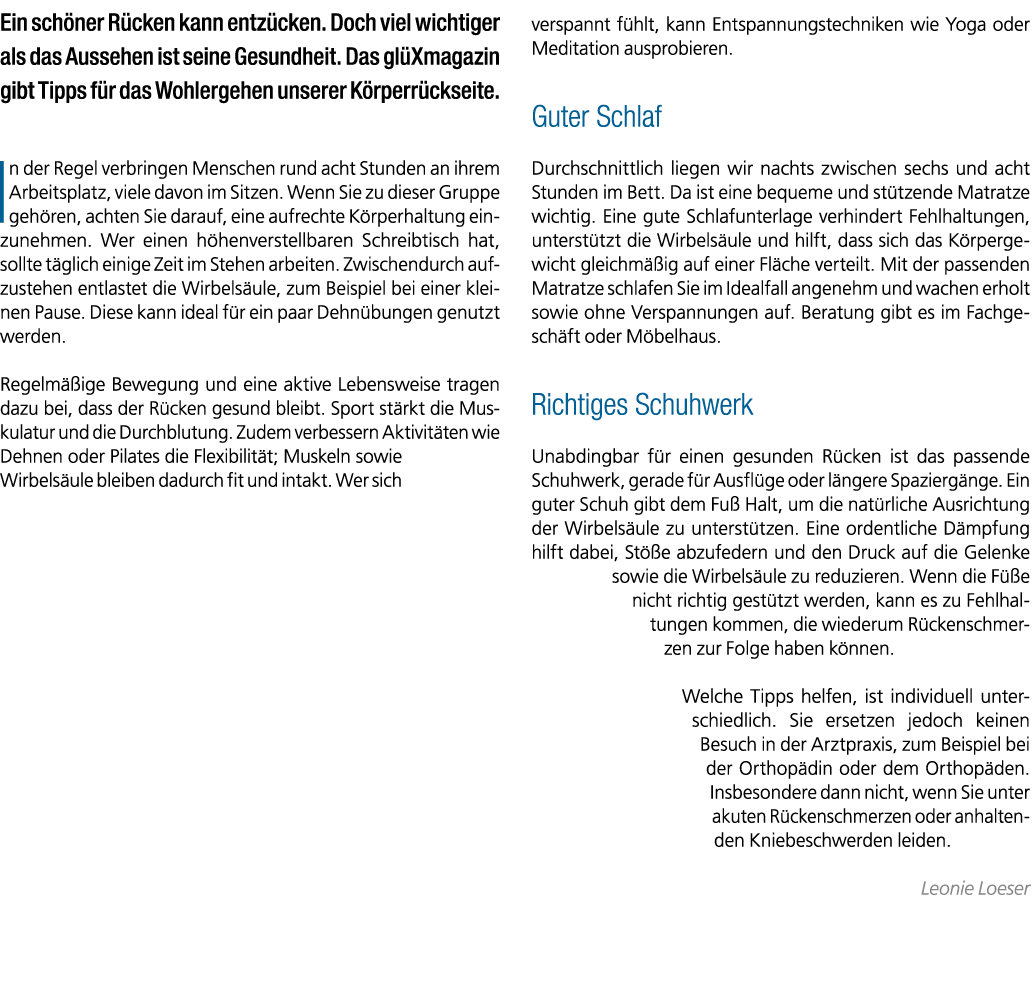 Ein sch ner R cken kann entz cken. Doch viel wichtiger als das Aussehen ist seine Gesundheit. Das gl Xmagazin gibt Ti...