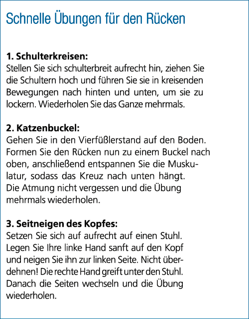 Schnelle bungen f r den R cken 1. Schulterkreisen: Stellen Sie sich schulterbreit aufrecht hin, ziehen Sie die Schul...