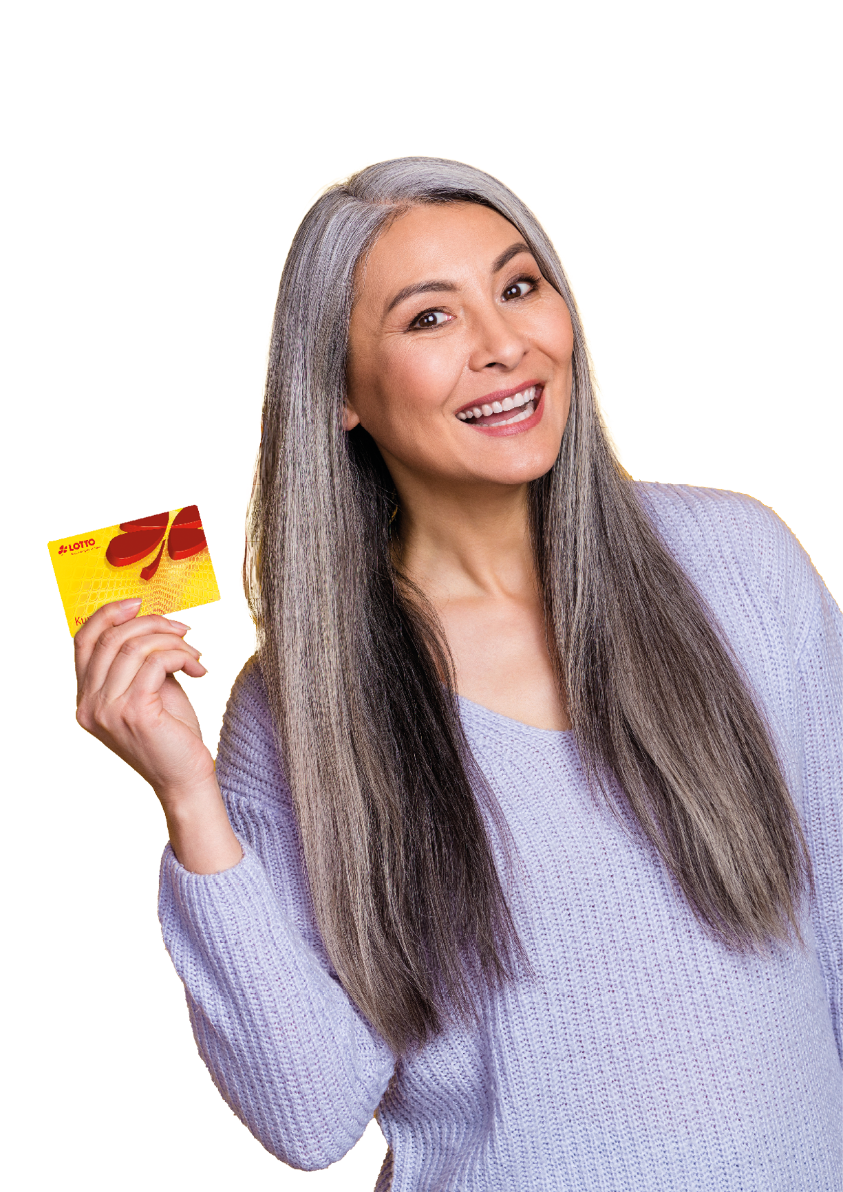 Photo of cheerful excited mature grandmother hold red like notification icon isolated on yellow color background.