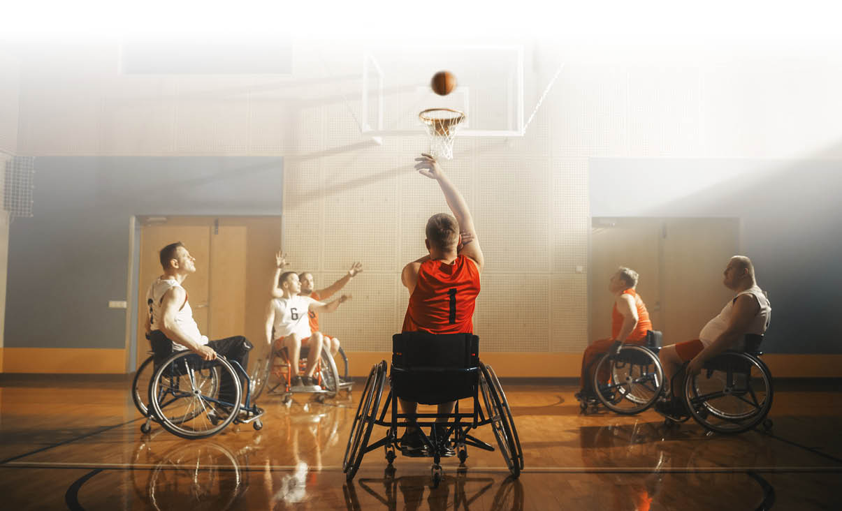 Wheelchair Basketball Game: Professional Players Competing, Dribbling Ball, Passing. Player Successfully Shooting, Scoring a Goal. Celebration of Determination, Skill, Speed of People with Disability