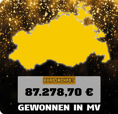 Eine goldene Umrisskarte von Mecklenburg-Vorpommern vor einem schwarzen Hintergrund mit goldenen Glitzereffekten und dem Text, dass ein Eurojackpot in Mecklenburg-Vorpommern gewonnen wurde. Beschreibung von KI generiert
