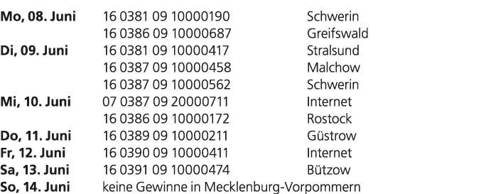 Mo, 08. Juni 16 0381 09 10000190 Schwerin 16 0386 09 10000687 Greifswald Di, 09. Juni 16 0381 09 10000417 Stralsund 1...