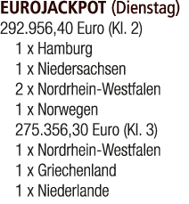 EUROJACKPOT (Dienstag) 292.956,40 Euro (Kl. 2) 1 x Hamburg 1 x Niedersachsen 2 x Nordrhein Westfalen 1 x Norwegen 275...
