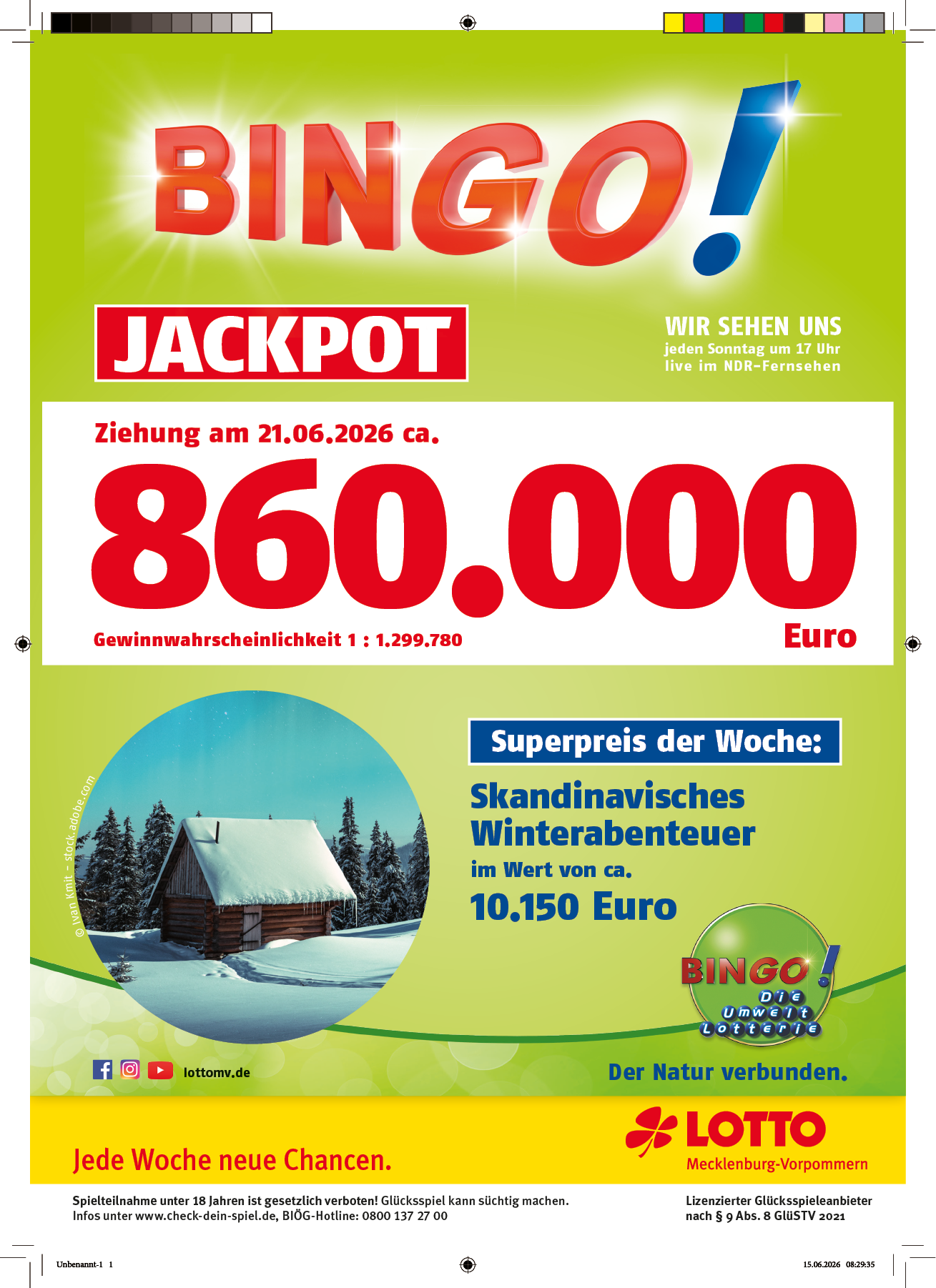 Bunte Werbeanzeige f r Bingo Jackpot mit gro em Gewinnbetrag, einem Winterabenteuer als Wochenpreis und einem Bild einer verschneiten H tte im Wald. Beschreibung von KI generiert