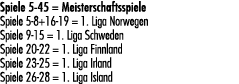 Spiele 5 45 = Meisterschaftsspiele Spiele 5 8+16 19 = 1. Liga Norwegen Spiele 9 15 = 1. Liga Schweden Spiele 20 22 = ...