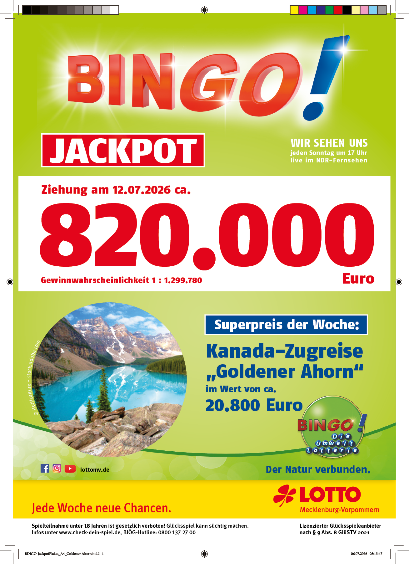 Bunte Werbeanzeige f r Bingo Jackpot mit gro em Gewinnbetrag, einem Reiseangebot nach Kanada und dem Logo von Lotto auf gr nem Hintergrund. Beschreibung von KI generiert
