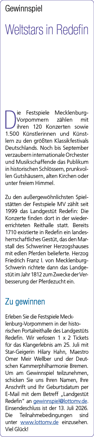 Gewinnspiel Weltstars in Redefin Die Festspiele Mecklenburg Vorpommern z hlen mit ihren 120 Konzerten sowie 1.500 K n...