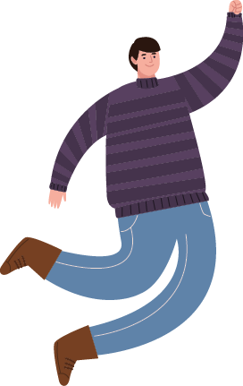 Eine Person mit kurzem dunklem Haar tr gt einen gestreiften Pullover, blaue Jeans und braune Stiefel und springt mit erhobener Faust in die Luft. Beschreibung von KI generiert