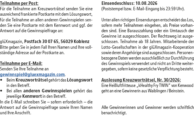 Teilnahme per Post: F r die Teilnahme am Kreuzwortr tsel senden Sie eine ausreichend frankierte Postkarte mit dem L s...