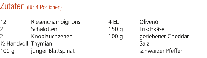 Zutaten (f r 4 Portionen) 12 Riesenchampignons 2 Schalotten 2 Knoblauchzehen ½ Handvoll Thymian 100 g junger Blattspi...
