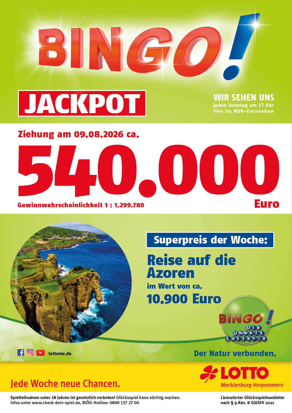 Bingo Jackpot Werbung k ndigt eine hohe Gewinnsumme und eine Reise auf die Azoren als Wochenpreis an, mit lebendigen Farben und einem Bild einer K stenlandschaft. Beschreibung von KI generiert