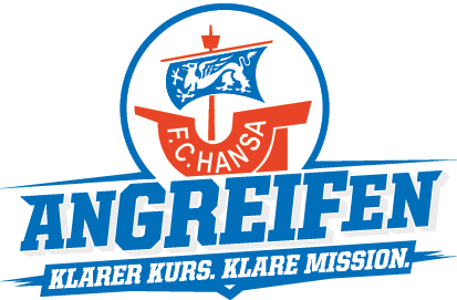 Das Logo zeigt ein rotes Schiff mit einer blauen Flagge und den Worten F.C. Hansa sowie den Schriftzug Angreifen klarer Kurs klare Mission in kr ftigen blauen und roten Farben. Beschreibung von KI generiert