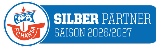 Das Logo von FC Hansa mit dem Schriftzug Silber Partner Saison 2026/2027 auf blauem Hintergrund. Beschreibung von KI generiert