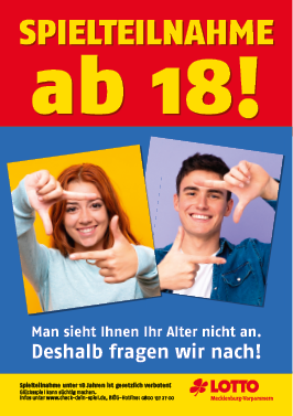 Zwei l chelnde Erwachsene mit unterschiedlicher Haarfarbe rahmen mit den H nden ein Rechteck und der Text weist darauf hin, dass die Teilnahme am Spiel erst ab 18 Jahren erlaubt ist und das Alter berpr ft wird.  Beschreibung von KI generiert