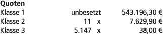 Quoten Klasse 1 unbesetzt 543.196,30 € Klasse 2 11 x 7.629,90 € Klasse 3 5.147 x 38,00 € 