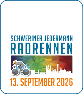 Schriftzug zum Schweriner Jedermann Radrennen mit einem stilisierten Radfahrer vor einer farbigen, polygonalen Stadt-Silhouette und dem Datum 13. September 2026. Beschreibung von KI generiert