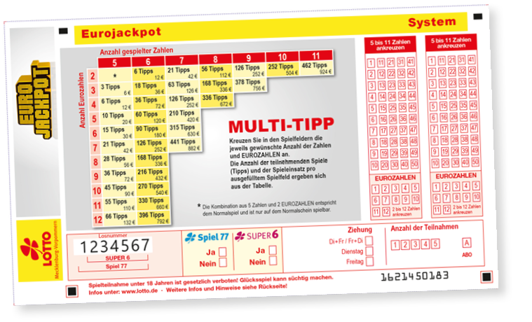 Ein ausgef llter Eurojackpot-Lottoschein mit mehreren Tippfeldern, Ankreuzoptionen f r Spielarten und Ziehungstagen sowie einer Tabelle zur Berechnung von Gewinnchancen und Tipps. Beschreibung von KI generiert