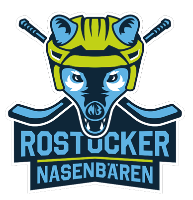 Ein stilisiertes Logo zeigt einen Nasenb ren mit einem Hockeyhelm vor zwei gekreuzten Hockeyschl gern und dem Schriftzug Rostocker Nasenb ren. Beschreibung von KI generiert