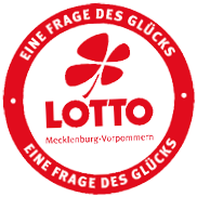 Rotes rundes Logo mit einem vierbl ttrigen Kleeblatt in der Mitte und dem Text Lotto Mecklenburg-Vorpommern sowie dem Schriftzug Eine Frage des Gl cks im u eren Kreis.  Beschreibung von KI generiert