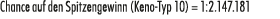 Chance auf den Spitzengewinn (Keno Typ 10) = 1:2.147.181
