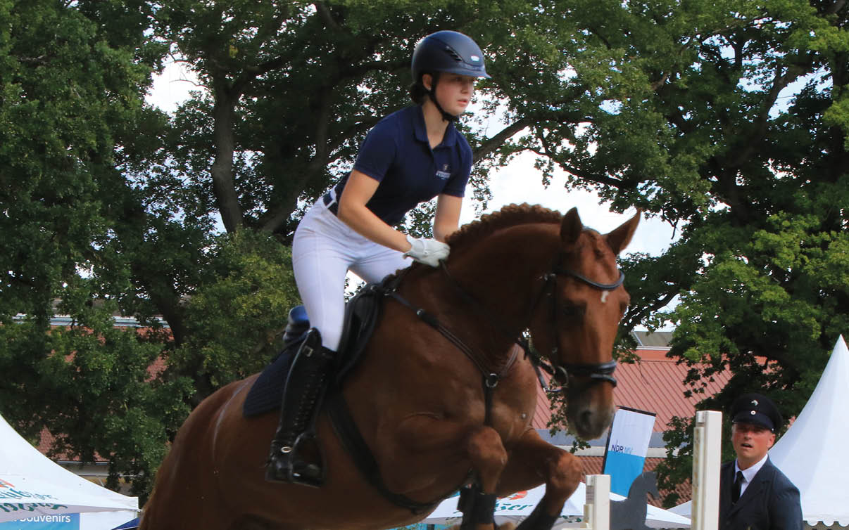 Eine Person in Reitkleidung und Helm reitet auf einem braunen Pferd vor einem Hintergrund aus gr nen B umen. Beschreibung von KI generiert