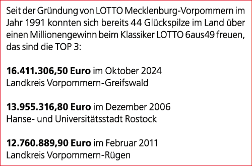 Seit der Gr ndung von LOTTO Mecklenburg Vorpommern im Jahr 1991 konnten sich bereits 44 Gl ckspilze im Land ber eine...