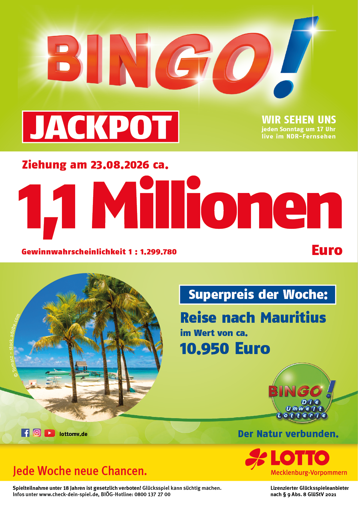 Bingo-Werbung k ndigt einen Jackpot von ber einer Million Euro und einen Wochenpreis f r eine Reise nach Mauritius an, begleitet von einem Bild mit Palmen am Strand.  Beschreibung von KI generiert