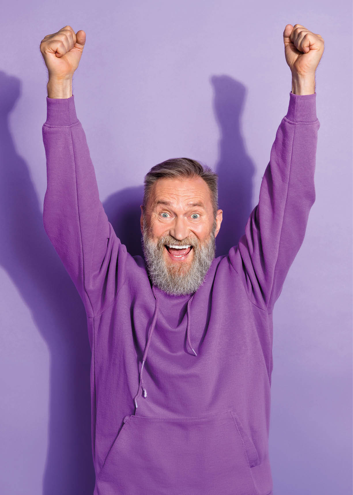 Photo of pensioner old aged handsome man excited winner celebrate fists up hooray yeah isolated on pastel purple color background.