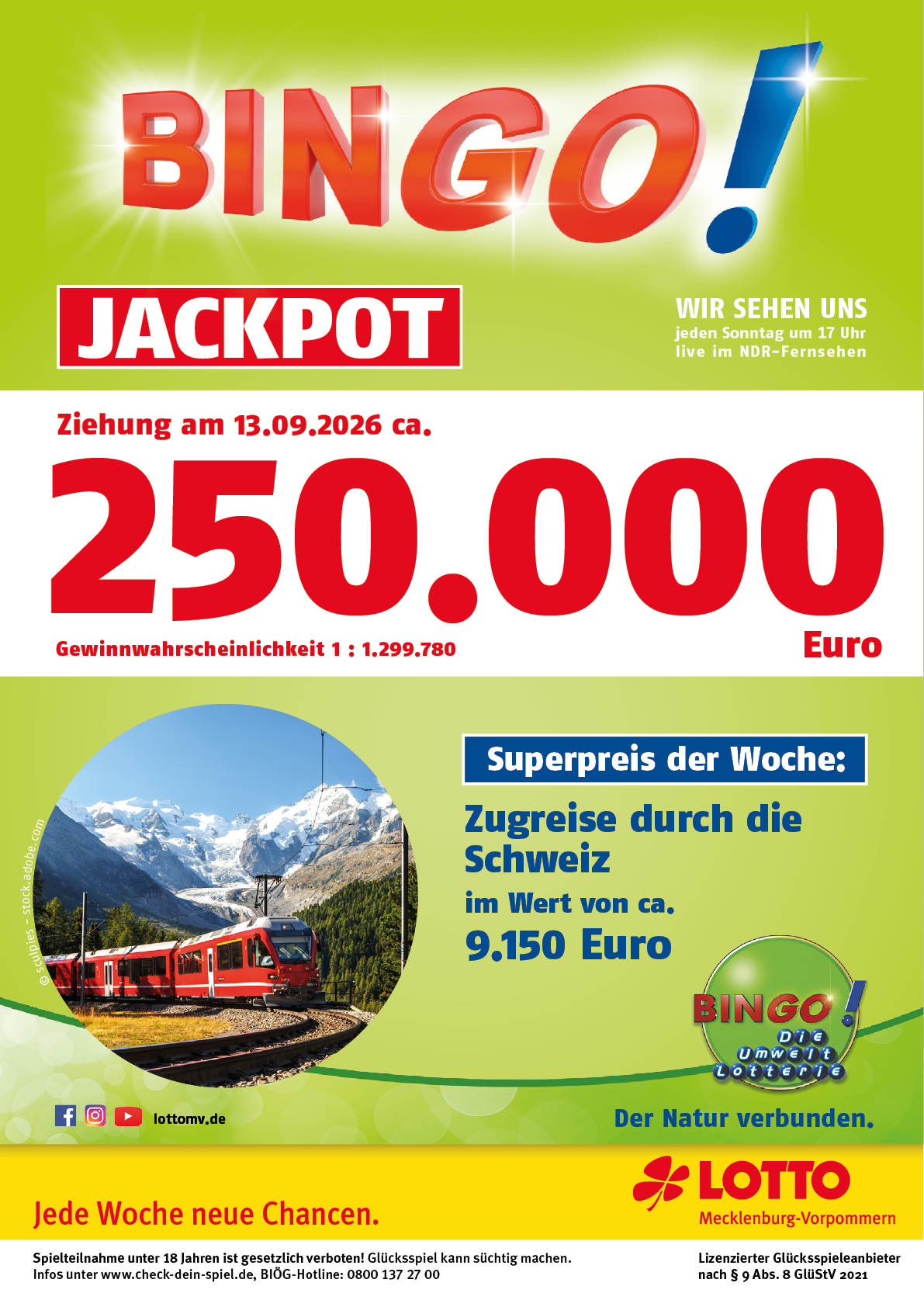 Bingo-Jackpot-Werbung mit gro em Gewinnbetrag, einem Bild eines roten Zuges vor schneebedeckten Bergen und Informationen zu einem Wochenpreis f r eine Zugreise durch die Schweiz. Beschreibung von KI generiert