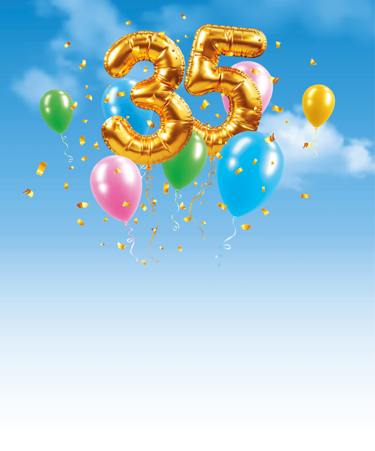 Goldene Luftballons in Form der Zahl 35 schweben vor einem blauen Himmel mit weiteren bunten Luftballons und goldenem Konfetti. Beschreibung von KI generiert