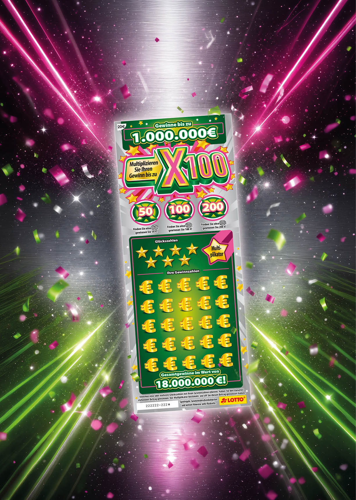 Ein farbenfrohes Gewinnspiel-Los mit leuchtenden pinken und gr nen Lichteffekten und Euro-Symbolen auf einem dunklen Hintergrund. Beschreibung von KI generiert