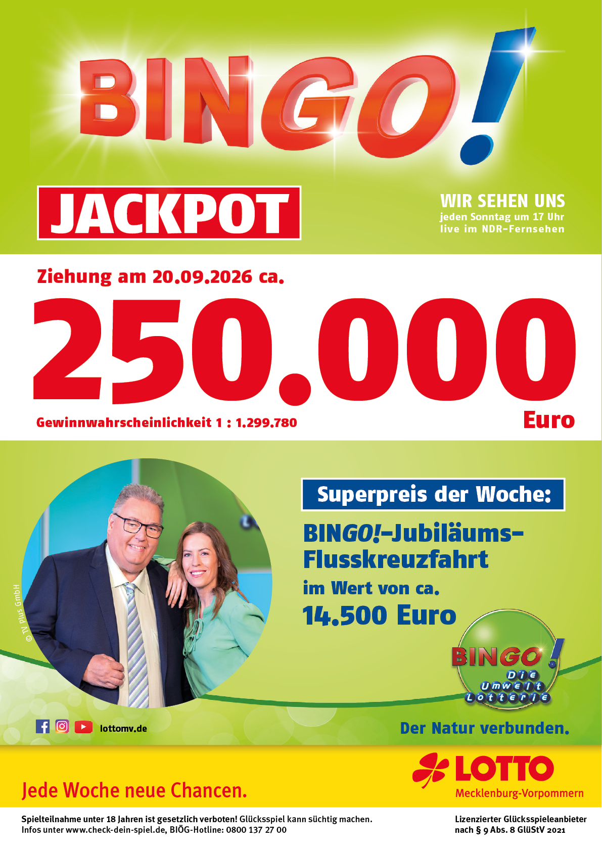 Eine Werbeanzeige f r die BINGO!-Lotterie mit einem gro en Jackpotbetrag, einem Foto von zwei l chelnden Erwachsenen in formeller Kleidung und Informationen zu einem Wochenpreis einer Flusskreuzfahrt. Beschreibung von KI generiert
