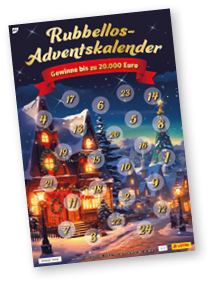 Weihnachtlich beleuchtetes Dorf mit verschneiten H usern und einem Adventskalender mit nummerierten Feldern zum Rubbeln und der Aussicht auf Gewinne bis zu 20.000 Euro. Beschreibung von KI generiert